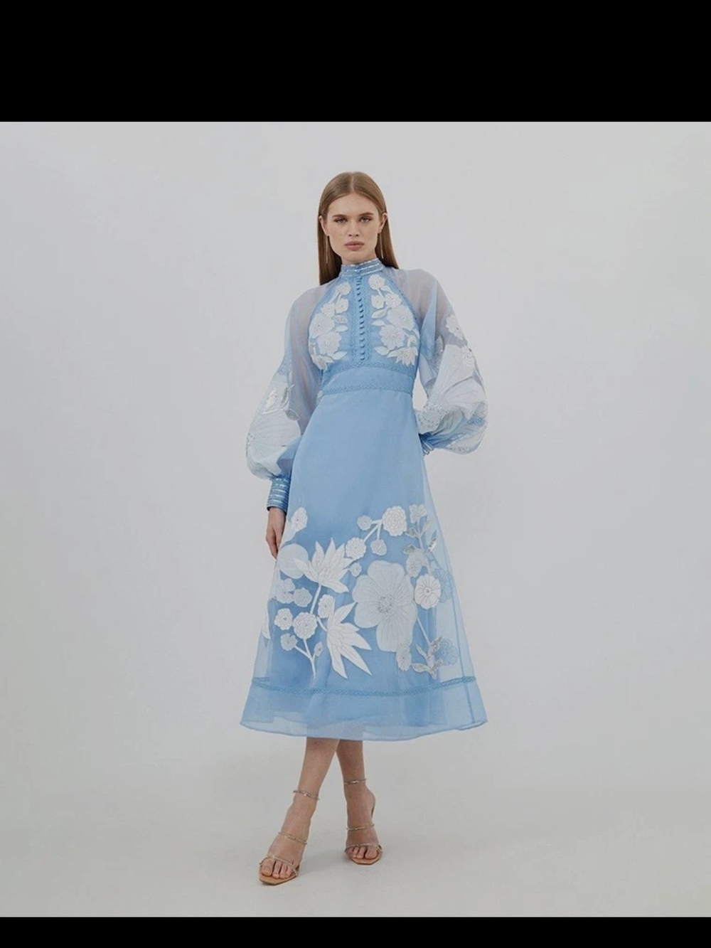 Karen Millen Sky Blue Midi Dress with White Floral Appliqué